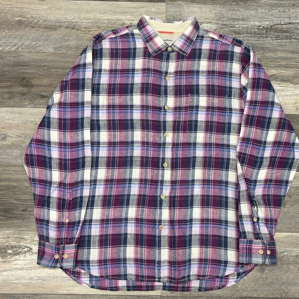 Tommy Bahama Madras Plaid Purple Mens XL 100% Linen Coastal Button-Up Shirt EUC